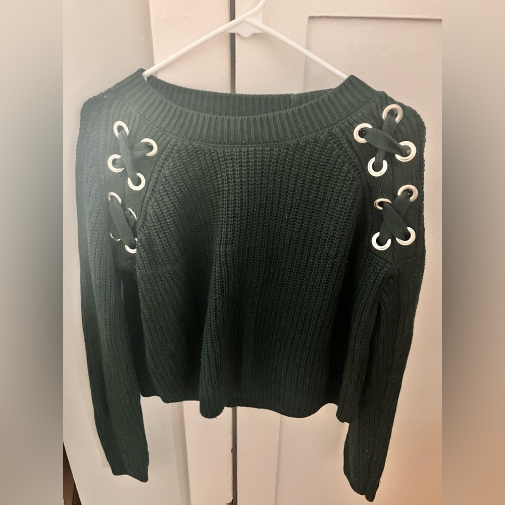 PinkRose -Forest Green Sweater with Eyelet Details